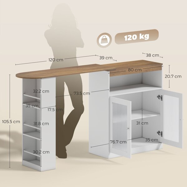 HOMCOM Tavolo da Bar Estensibile e Girevole 90° con Ripiani Aperti e 2 Ante in Vetro 150x80x105,5 cm Bianco e Legno Naturale | Aosom Italy