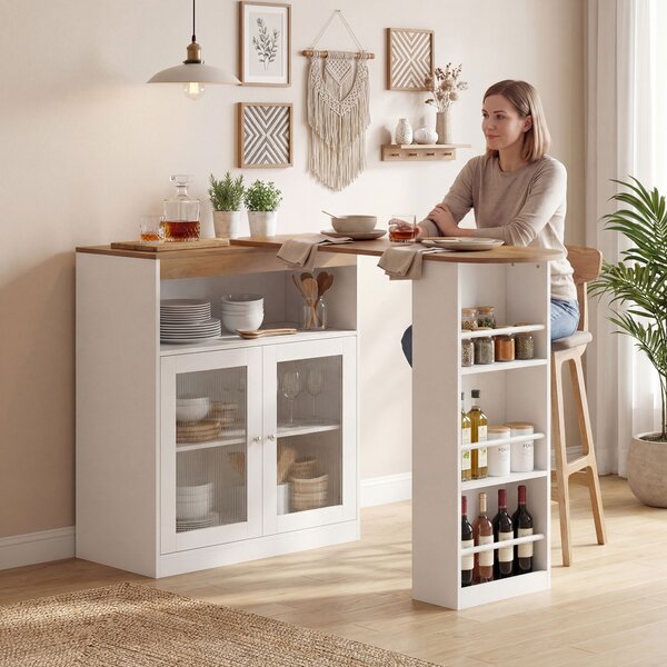 HOMCOM Tavolo da Bar Estensibile e Girevole 90° con Ripiani Aperti e 2 Ante in Vetro 150x80x105,5 cm Bianco e Legno Naturale | Aosom Italy