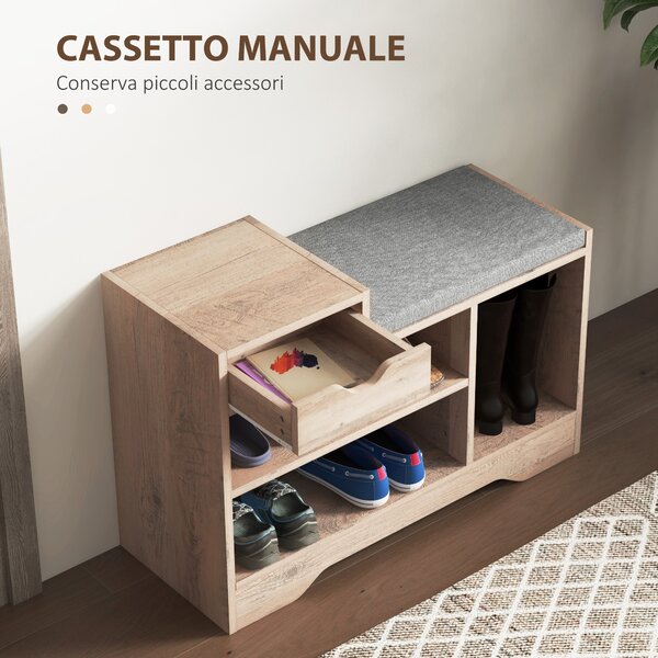 HOMCOM Panca Scarpiera Moderna con 3 Ripiani Aperti e Cassetti, in Legno, Poliestere e Spugna, 76.5x30x52 cm, Grigio | Aosom Italy