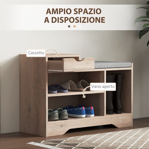 HOMCOM Panca Scarpiera Moderna con 3 Ripiani Aperti e Cassetti, in Legno, Poliestere e Spugna, 76.5x30x52 cm, Grigio | Aosom Italy