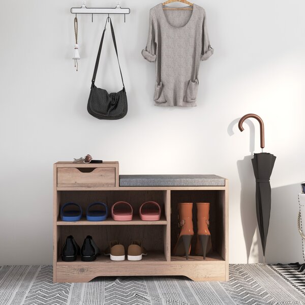 HOMCOM Panca Scarpiera Moderna con 3 Ripiani Aperti e Cassetti, in Legno, Poliestere e Spugna, 76.5x30x52 cm, Grigio | Aosom Italy