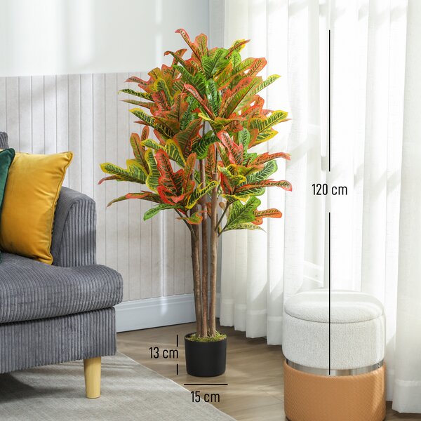 HOMCOM Pianta Artificiale di Croton Multicolore in PEVA e Legno con Vaso Contenitore in PP e Cemento, 55x55x120 cm | Aosom Italy