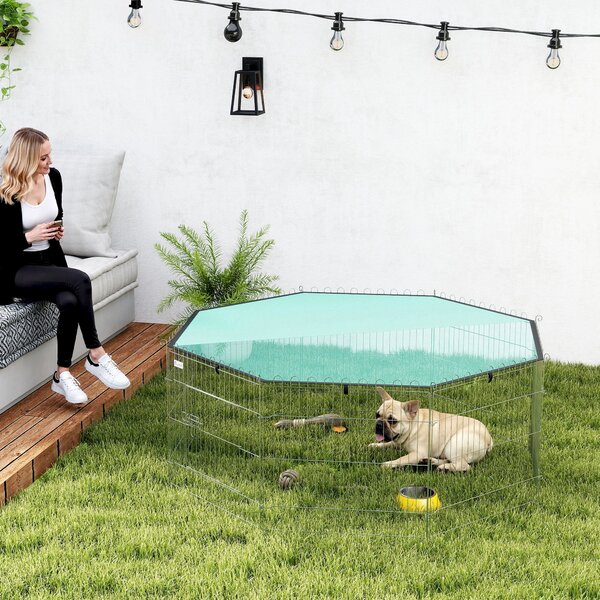 PawHut Recinto per cani, recinto 8 pannelli con tetto, modulabile e pieghevole, recinto portatile 60H cm con porta argento verde | Aosom Italy