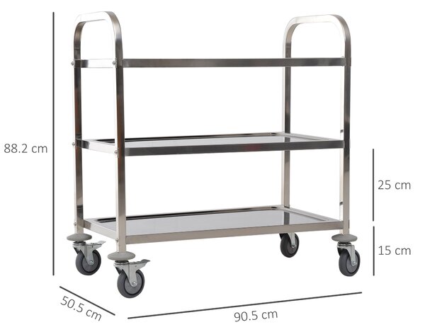 HOMCOM Carrello da Cucina 3 Ripiani e 4 Ruote con Freni Cuscinetti Anti-Collisione in Acciaio Inossidabile 430 Argento 85x45x90cm|Aosom