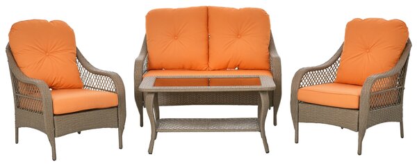 Outsunny Salotto da Giardino Rattan PE con 2 Poltrone Divano a 2 Posti e Tavolo e Cuscini, Colore Khaki e Arancione|Aosom