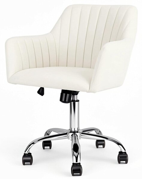 Sedia da ufficio in velluto bianco, ergonomica, con rotelle, girevole a 360° e con altezza regolabile