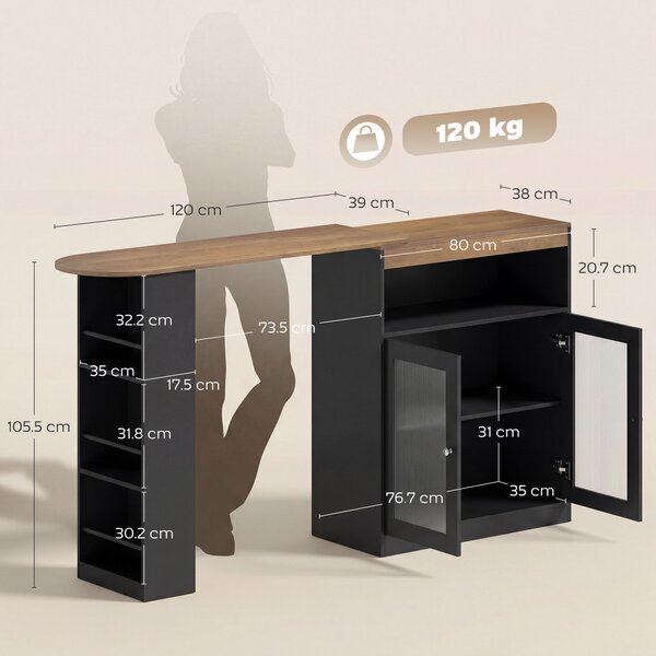 HOMCOM Tavolo da Bar Allungabile e Girevole 90° con Ripiani Aperti e 2 Ante in Vetro 150x80x105,5 cm Nero e Legno Naturale | Aosom Italy