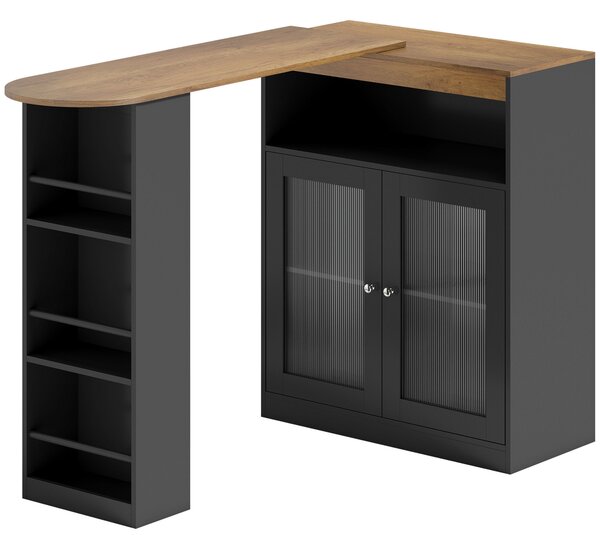 HOMCOM Tavolo da Bar Allungabile e Girevole 90° con Ripiani Aperti e 2 Ante in Vetro 150x80x105,5 cm Nero e Legno Naturale | Aosom Italy