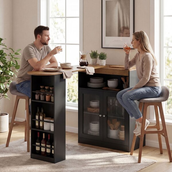 HOMCOM Tavolo da Bar Allungabile e Girevole 90° con Ripiani Aperti e 2 Ante in Vetro 150x80x105,5 cm Nero e Legno Naturale | Aosom Italy