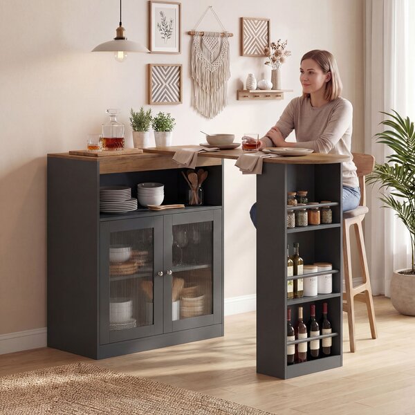 HOMCOM Tavolo da Bar Allungabile e Girevole 90° con Ripiani Aperti e 2 Ante in Vetro 150x80x105,5 cm Nero e Legno Naturale | Aosom Italy