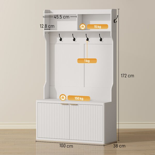 HOMCOM Appendiabiti-Scarpiera 4 in 1 Appendiabiti Moderno con Ripiano Aperto per Corridoio Ingresso Camera 100x38x172 cm Bianco | Aosom Italy