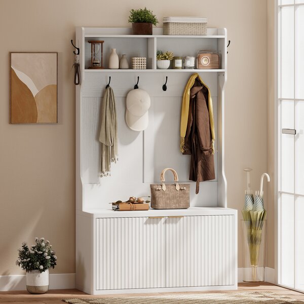 HOMCOM Appendiabiti-Scarpiera 4 in 1 Appendiabiti Moderno con Ripiano Aperto per Corridoio Ingresso Camera 100x38x172 cm Bianco | Aosom Italy