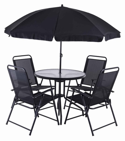 Set da balcone Practixx da 6 pezzi con ombrellone PX-BS1 | 4 sedie pieghevoli, ombrellone inclinabile, tavolo in vetro | Set da giardino, set da bistrot, set da balcone, set da campeggio, nero