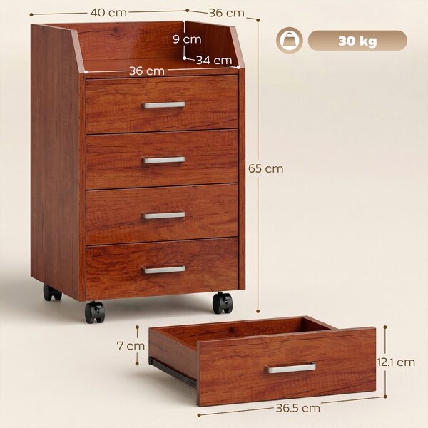 Vinsetto Cassettiera da Scrivania con Ruote Cassettiera da Ufficio con 4 Cassetti Archivio Mobile per Studio 40x36x65 cm Marrone | Aosom Italy