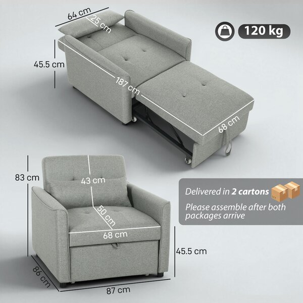 HOMCOM Poltrona letto 3-in-1, poltrona-letto estraibile con schienale regolabile, Grigio | Aosom Italy
