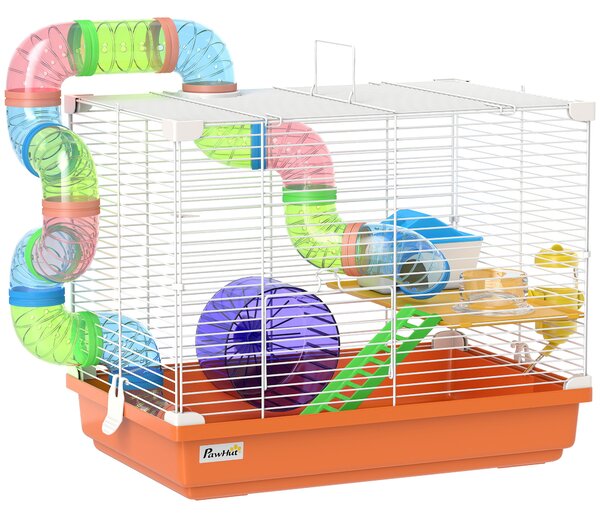 PawHut Gabbia per Criceti con Tunnel Ciotola Abbeveratoio Casetta Rampa Ruota per Esercizio Vassoio Estraibile 46x30x37 cm Arancione | Aosom Italy