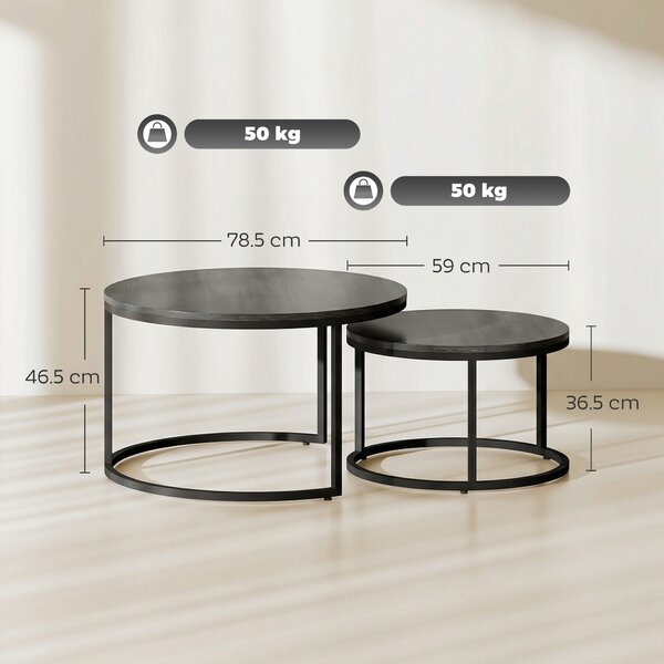 HOMCOM Set 2 Tavolini da Caffè Moderni, Tavolini Impilabili con Struttura in Metallo per Soggiorno, Camera da Letto, Ufficio, Nero | Aosom Italy