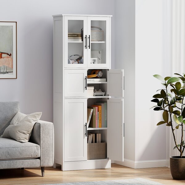 HOMCOM Mobile da bagno, mobile contenitore 6 livelli, 6 ante di cui 2 vetrate, ripiani regolabili, 60x30x170cm, bianco | Aosom Italy
