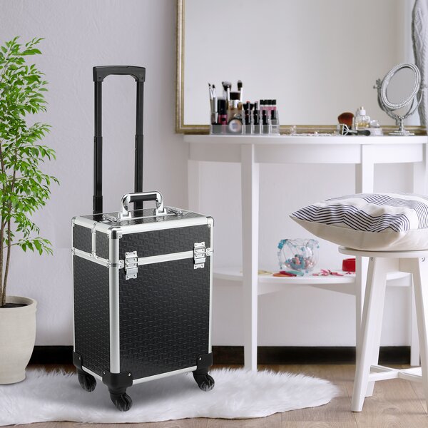 HOMCOM Valigia da Trucco Professionale con Ruote Manico 2 Vassoi Scomparto Inferiore Nero | Aosom Italy