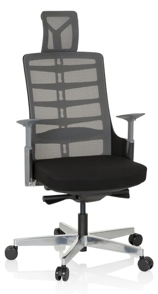Sedia girevole da ufficio con schienale flessibile, rivestita in tessuto nero/grigio, dal design ergonomico