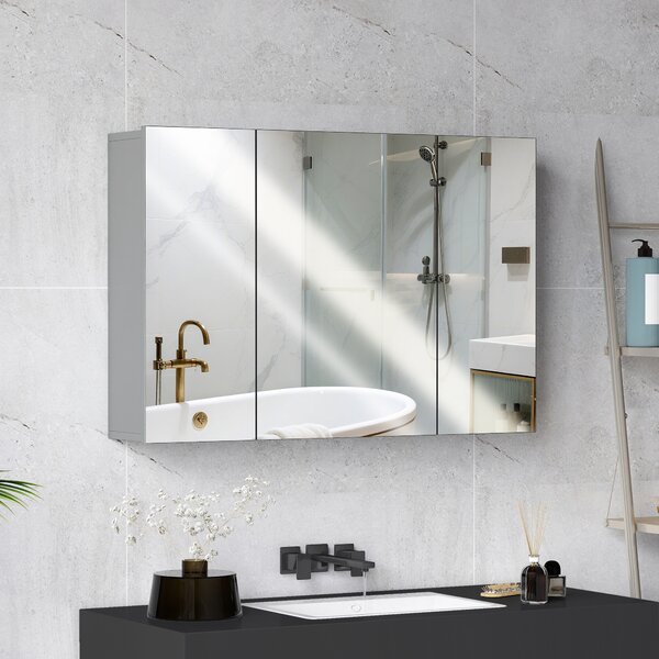 Kleankin Armadio da parete per bagno con 3 ante specchio e ripiani regolabili in MDF Grigio dim. 90L x 15l x 60H cm | Aosom Italy