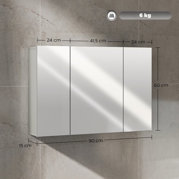 Kleankin Armadio da parete per bagno con 3 ante specchio e ripiani regolabili in MDF Grigio dim. 90L x 15l x 60H cm | Aosom Italy