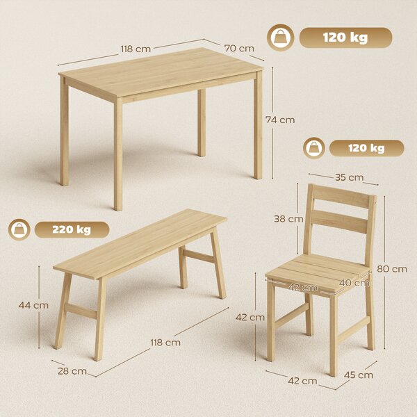 HOMCOM Set da pranzo in bambù, tavolo con 2 sedie e panca per 4 persone, legno naturale | Aosom Italy