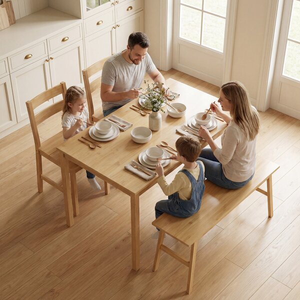 HOMCOM Set da pranzo in bambù, tavolo con 2 sedie e panca per 4 persone, legno naturale | Aosom Italy