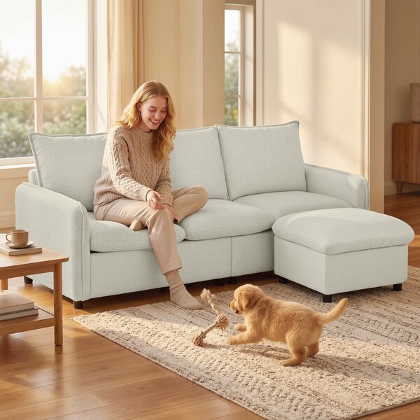 HOMCOM Divano 3 posti con pouf contenitore, divano angolare modulabile 212 cm, cuscini a molle, tessuto in lino, crema | Aosom Italy
