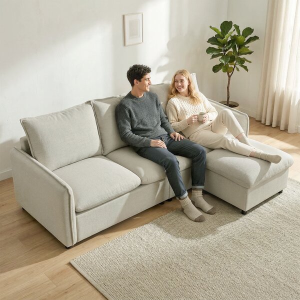 HOMCOM Divano 3 posti con pouf contenitore, divano angolare modulabile 212 cm, cuscini a molle, tessuto in lino, crema | Aosom Italy