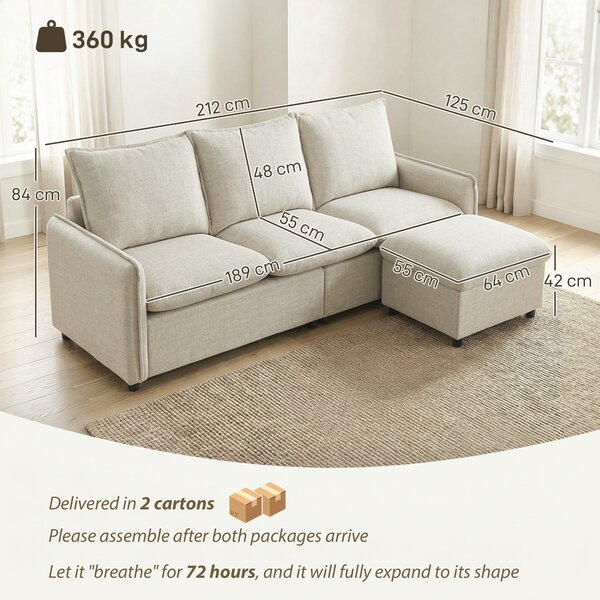 HOMCOM Divano 3 posti con pouf contenitore, divano angolare modulabile 212 cm, cuscini a molle, tessuto in lino, crema | Aosom Italy
