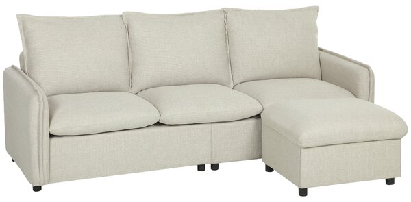 HOMCOM Divano 3 posti con pouf contenitore, divano angolare modulabile 212 cm, cuscini a molle, tessuto in lino, crema | Aosom Italy