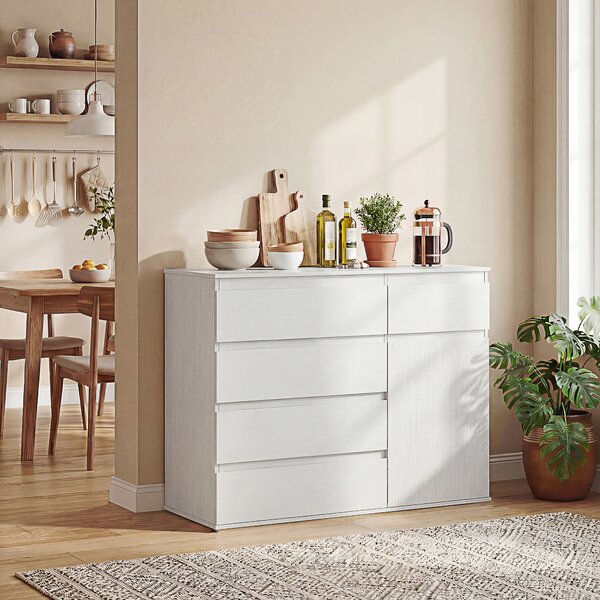 HOMCOM Buffet salotto, mobile contenitore con 5 cassetti, ripiano regolabile e anta con chiusura rallentata, 100 x 40 x 80 cm, bianco | Aosom Italy