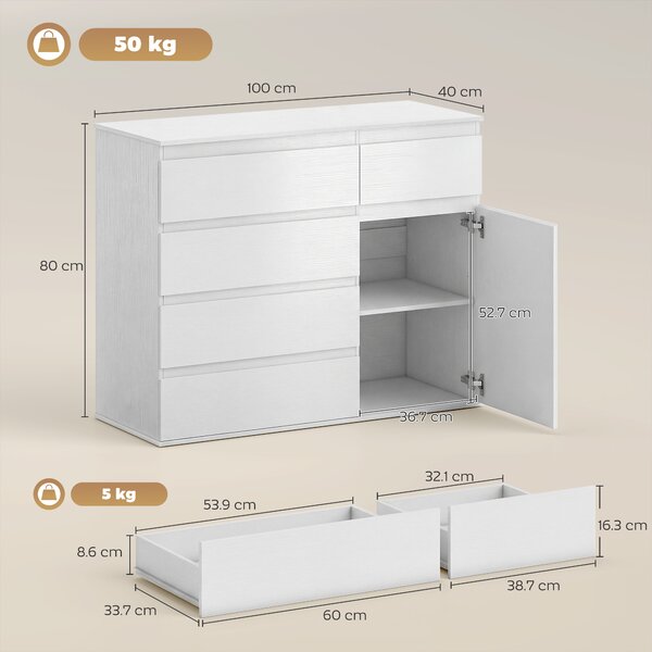 HOMCOM Buffet salotto, mobile contenitore con 5 cassetti, ripiano regolabile e anta con chiusura rallentata, 100 x 40 x 80 cm, bianco | Aosom Italy