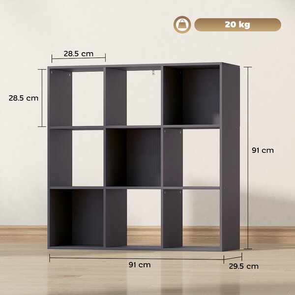 HOMCOM Libreria, scaffale contenitore a 3 livelli con 9 scomparti, per soggiorno, ufficio, camera, 91x29,5x91cm, grigio | Aosom Italy