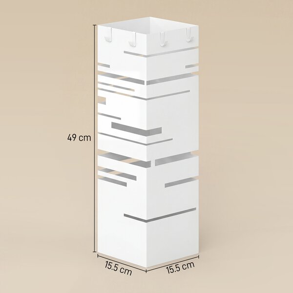 HOMCOM Portombrelli in Metallo con 4 Ganci e Vassoio Raccogligocce Estraibile per Ingresso Ufficio 15,5x15,5x49 cm Bianco | Aosom Italy