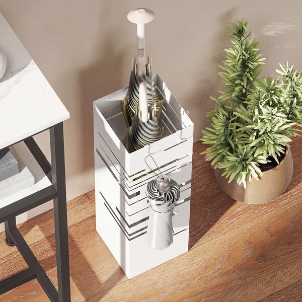 HOMCOM Portombrelli in Metallo con 4 Ganci e Vassoio Raccogligocce Estraibile per Ingresso Ufficio 15,5x15,5x49 cm Bianco | Aosom Italy