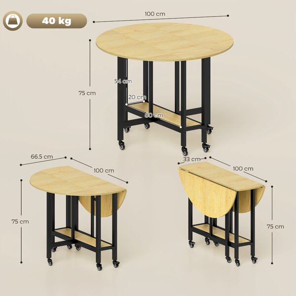 HOMCOM Tavolo da pranzo pieghevole su ruote, tavolo da cucina per 4 persone con ripiano integrato, 100 x 100 x 75 cm, rovere | Aosom Italy