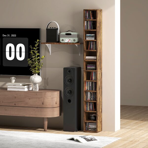 HOMCOM Porta CD e DVD con 12 scomparti, capacità max. 204 CD, 21 x 20 x 175 cm, marrone rustico | Aosom Italy