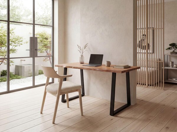FineBuy Scrivania da 200 cm in legno massello di acacia e metallo, scrivania per computer con bordo naturale, scrivania per l'ufficio a casa, gambe trapezoidali in legno massello nero, tavolo in legno, tavolo per laptop