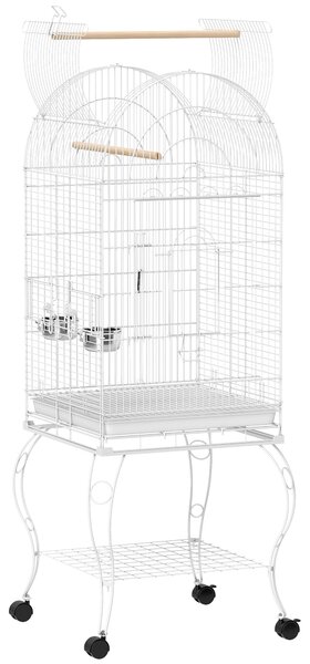 PawHut Gabbia per Uccelli con Ruote e Ripiano 51x51x153 cm con Parte Superiore Ribaltabile Ciotole e Vassoio Estraibile Bianco | Aosom Italy