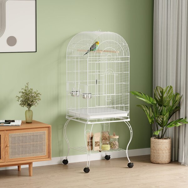 PawHut Gabbia per Uccelli con Ruote e Ripiano 51x51x153 cm con Parte Superiore Ribaltabile Ciotole e Vassoio Estraibile Bianco | Aosom Italy