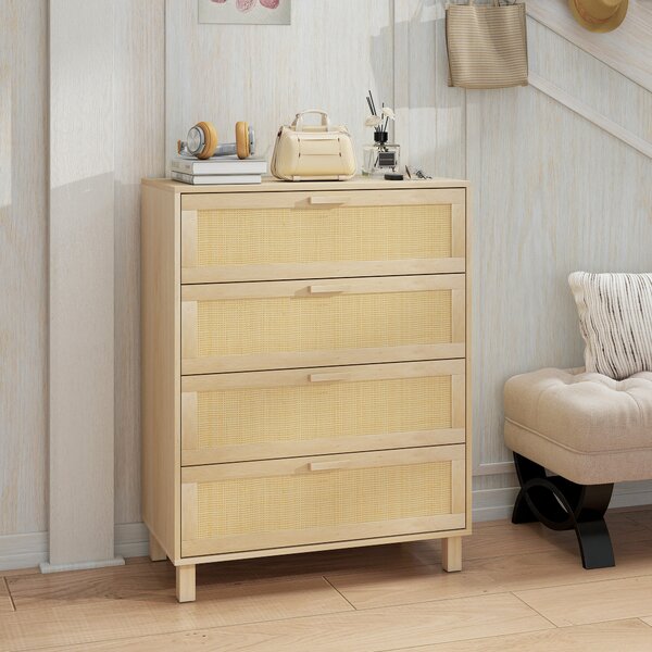 HOMCOM Cassettiera 4 cassetti cannage in rattan dim. 80L x 40l x 103H cm MDF Effetto Legno Chiaro | Aosom Italy