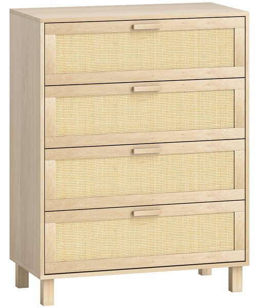 HOMCOM Cassettiera 4 cassetti cannage in rattan dim. 80L x 40l x 103H cm MDF Effetto Legno Chiaro | Aosom Italy