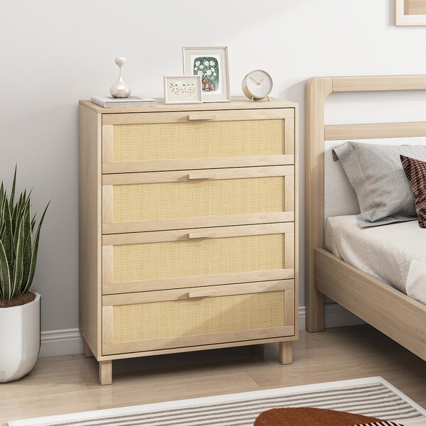 HOMCOM Cassettiera 4 cassetti cannage in rattan dim. 80L x 40l x 103H cm MDF Effetto Legno Chiaro | Aosom Italy