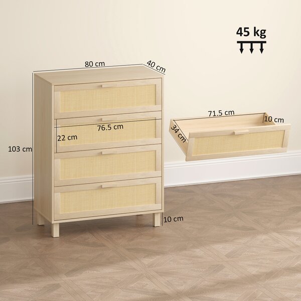 HOMCOM Cassettiera 4 cassetti cannage in rattan dim. 80L x 40l x 103H cm MDF Effetto Legno Chiaro | Aosom Italy