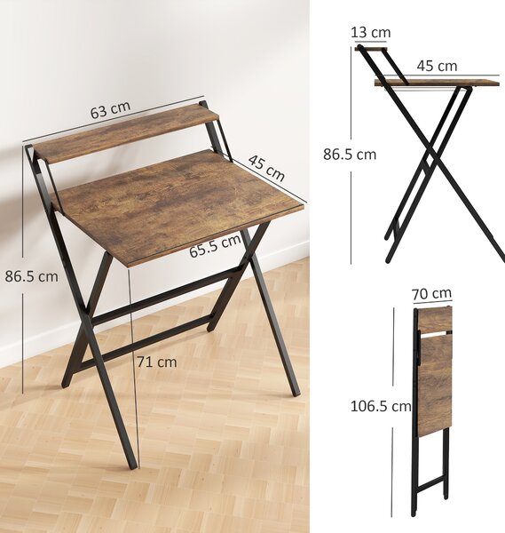 HOMCOM Scrivania pieghevole 65,5 x 45 cm con ripiano portaoggetti per camera, piccoli spazi, marrone rustico | Aosom Italy