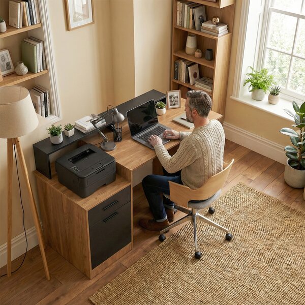 HOMCOM Scrivania con spazio di archiviazione e ripiani, scrivania moderna per ufficio e studio, 140 cm, rovere | Aosom Italy