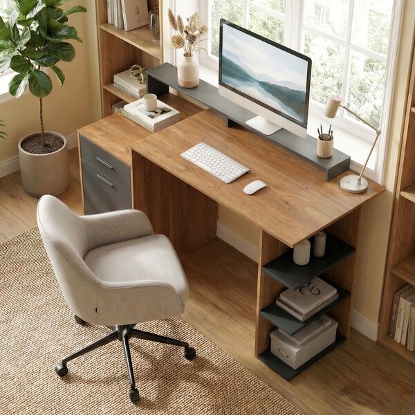 HOMCOM Scrivania con spazio di archiviazione e ripiani, scrivania moderna per ufficio e studio, 140 cm, rovere | Aosom Italy