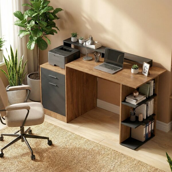 HOMCOM Scrivania con spazio di archiviazione e ripiani, scrivania moderna per ufficio e studio, 140 cm, rovere | Aosom Italy